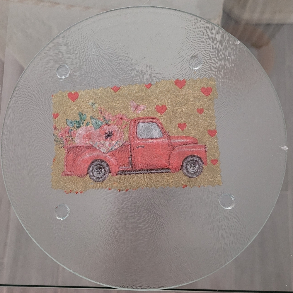 New Handmade round, Trivet With A Red Truck And Hearts. Perfect for Valentine's